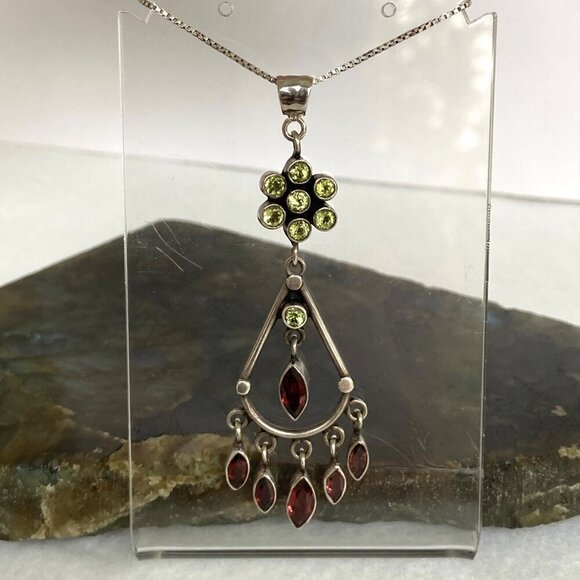Sterling Silver 925 Red Garnet & Peridot Chandelier Pendant Necklace 20" Chain - Picture 11 of 16